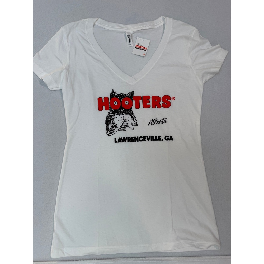 Hooters Atlanta Lawrenceville GA V-Neck Graphic T-Shirt White Small NWT